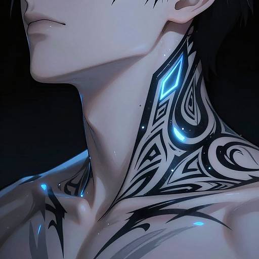Digital art of a pale-skinned, tattooed neck and shoulder with glowing blue tribal patterns against a dark background. Minimal face visible.
