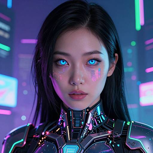 CGI portrait of an Asian woman with glowing blue eyes, long black hair, and cybernetic enhancements, set against a neon-lit futuristic city