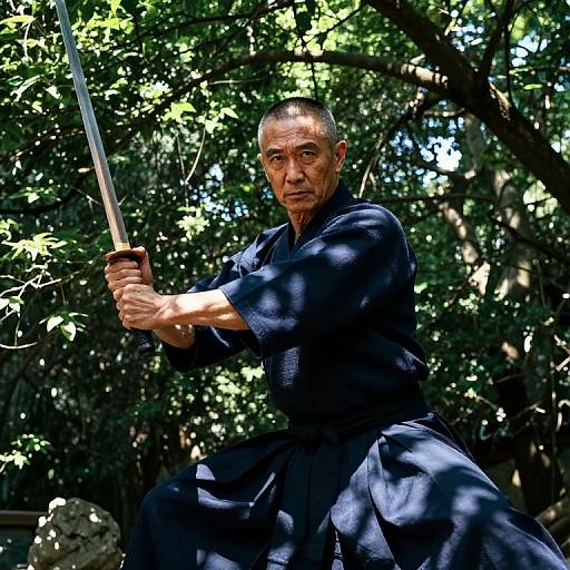 Photograph of a serious, elderly Asian man with a shaved head, holding a sword, wearing a dark blue kimono, in a sunlit forest