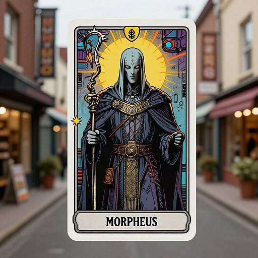 Digital illustration of Morpheus, a stern, blue-skinned figure in a dark cloak, holding a staff, against a vibrant, sunburst background