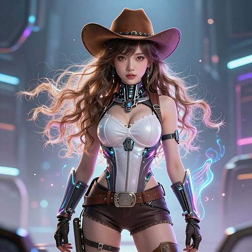 Digital art of a futuristic, attractive, Asian woman with long wavy brown hair, wearing a brown cowboy hat, white corset, black shorts,