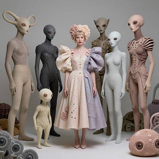 Photograph of six surreal, textured humanoid figures with varied skin tones and alien-like features, standing around a pale-skinned woman in a lavender dress with