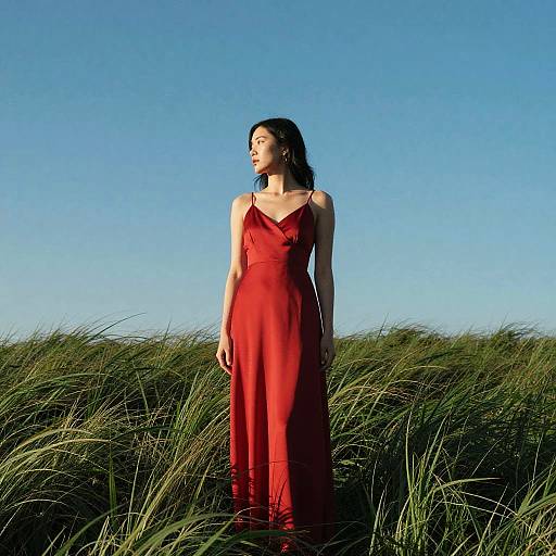 Photograph of a slender woman with long dark hair in a flowing red dress, standing in tall grass against a clear blue sky.