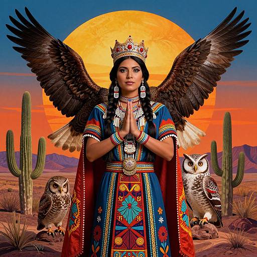 Digital art: South Asian queen with black wings, ornate crown, and colorful traditional dress, standing in desert with sunset, cactus, and ow