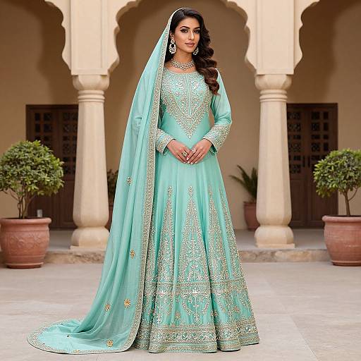 Photograph of a beautiful South Asian woman in a turquoise, long-sleeved traditional lehenga with gold embroidery, veil, and jewelry, standing in