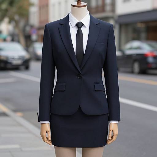Woman's Navy Suit with Tie on Mannequin