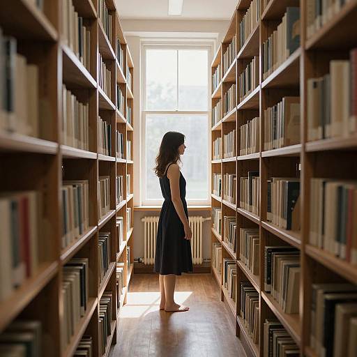 Photograph of a woman in a black dress standing barefoot in a sunlit library aisle with tall wooden bookshelves on both sides.
