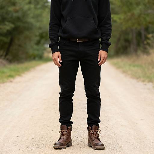 Photograph of a person in black hoodie, pants, and brown boots standing on a gravel path in a forest. Face not visible.