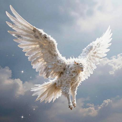 Photograph of a radiant white angel with glowing feathers soaring against a bright, sunlit blue sky with scattered clouds.