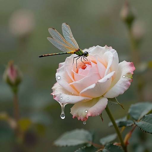 Photograph of a delicate pink and white rose with dewdrops, a vibrant dragonfly perched on its petals, against a blurred green background.