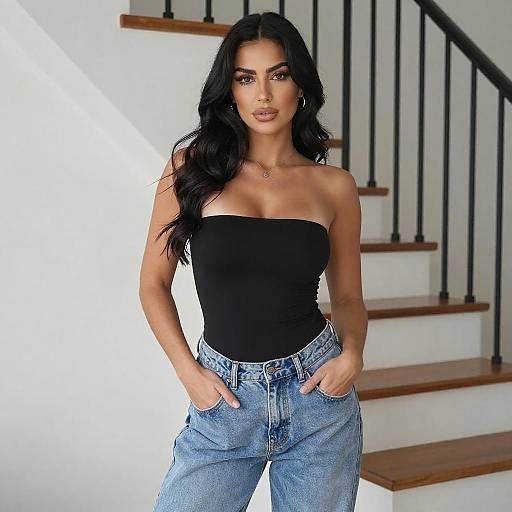Serious Woman in Black Top and Jeans