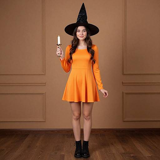 Photograph of a young woman with long brown hair, wearing an orange dress, black witch hat, and boots, holding a knife, standing against a