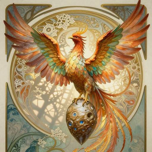 Digital art of a vibrant, multicolored phoenix with outstretched wings, perched on a metallic egg with blue eyes, set against a detailed
