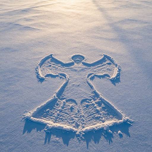 Photograph of a sand angel drawn in icy blue snow, with sunlight reflecting on the surface, creating a glowing effect.