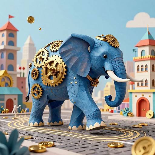 Digital illustration of a blue, gears-adorned elephant walking on a cobblestone street in a colorful, cartoonish cityscape with clock towers and