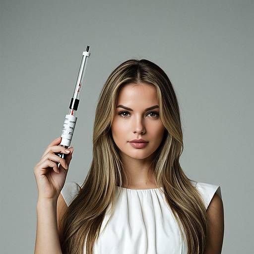 Woman Holding Large Syringe Prop