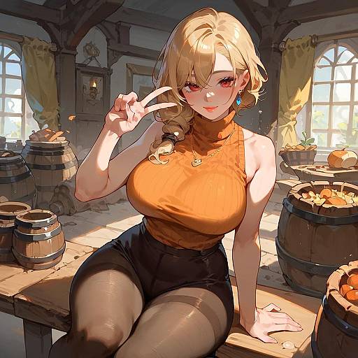 Anime Style Blonde Woman in Orange Sweater