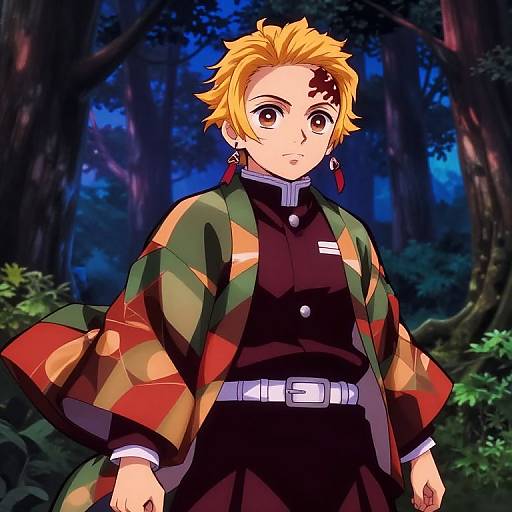 Anime-style digital drawing of a blonde-haired, brown-eyed character with a red mark, wearing a green and red checkered jacket, black uniform, and
