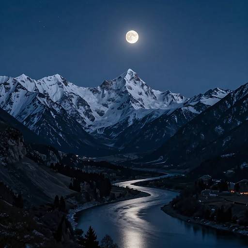 Moonlit Snowy Peaks Over Serene Valley