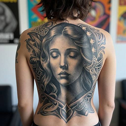 Photograph of a person with a large, detailed black-and-gray tattoo of a serene, ethereal woman with flowing hair and stars on their back.