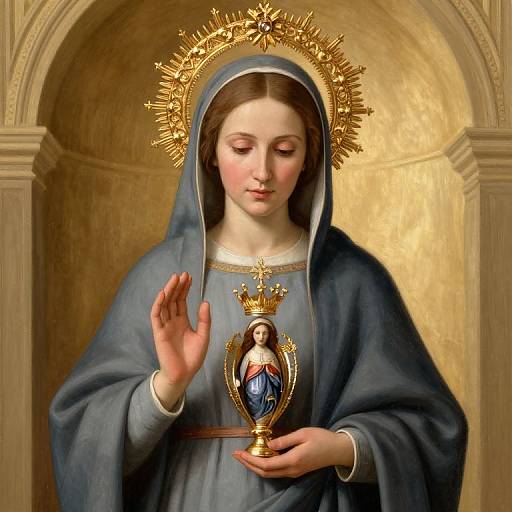 Digital painting of the Virgin Mary with a golden halo, blue robe, holding a small crowned Christ child, hand raised in blessing.