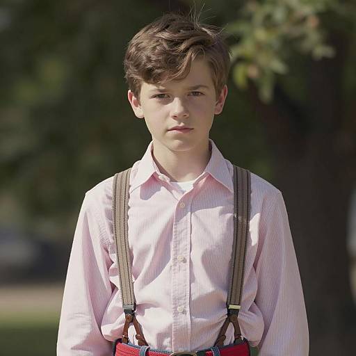 Portrait of Young Boy Wearing Suspenders Outdoors