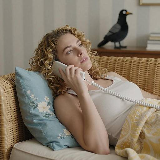 Woman on Couch with Phone in Vintage Setting