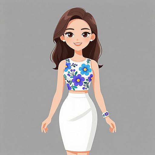 Digital illustration of a smiling woman with long brown hair, wearing a sleeveless floral top and white skirt, against a gray background.