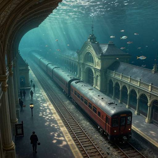 Photograph of an underwater train station with a red train, arches, and sunlight filtering through water, surrounded by swimming fish.