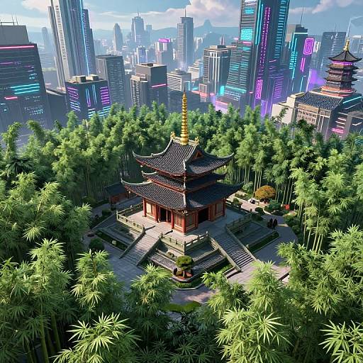 Ancient Temple Meets Neon Cyberpunk