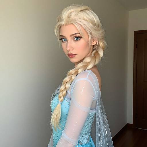 Digital art of a blonde woman with blue eyes, wearing a blue, ice-like gown with a braid, standing in a dimly lit room.