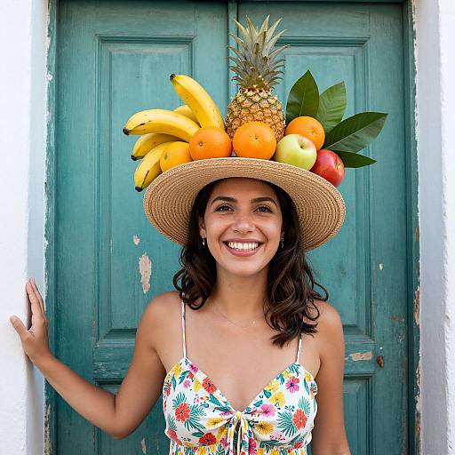 Photograph of a smiling woman with medium brown skin, dark wavy hair, wearing a floral sundress and a straw hat topped with bananas, pineapple