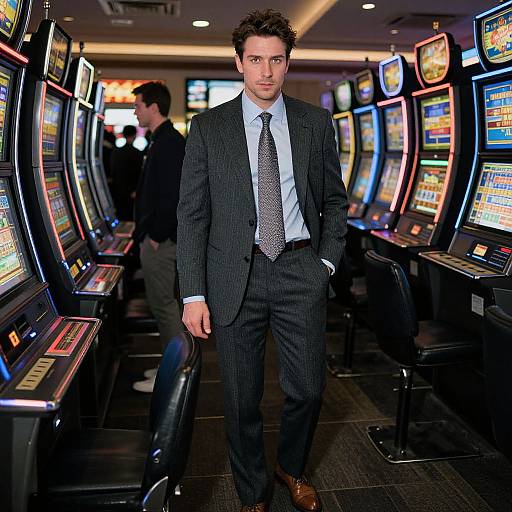 Photograph of a suave, dark-haired man in a pinstripe suit, blue shirt, and patterned tie, walking through a brightly lit