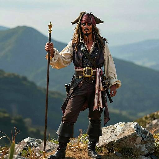 Photograph of a rugged pirate standing on a rocky mountain, holding a trident, with a mountainous landscape in the background.