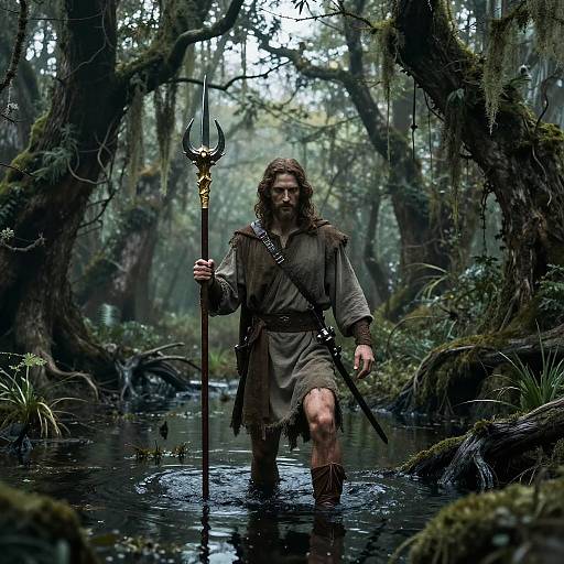 Medieval Warrior Crossing Swamp with Trident