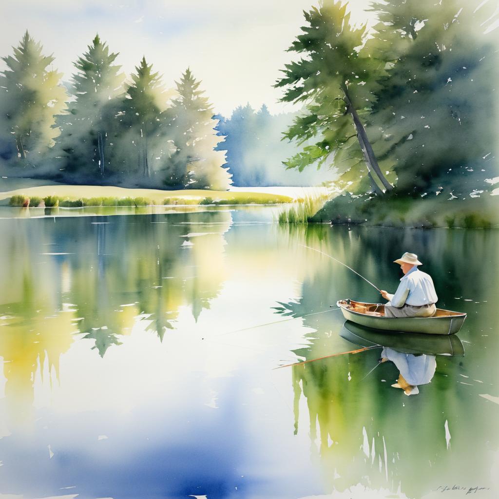 Watercolor Fishing Scene at Tranquil Lake