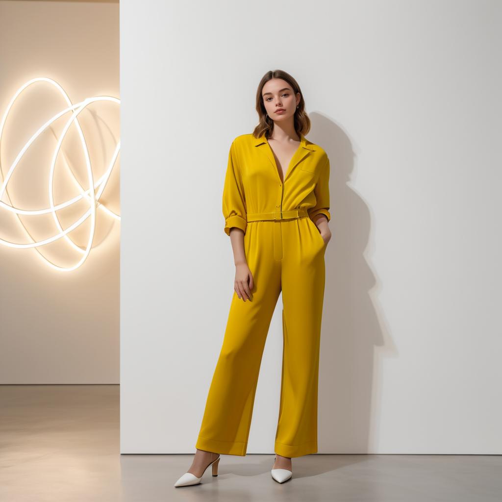 Chic Young Woman in Minimalist Gallery