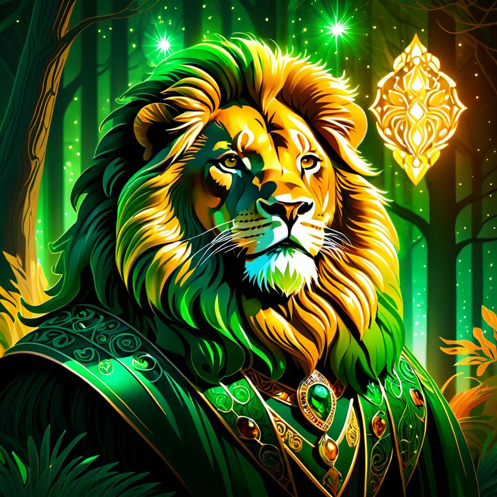 Regal Lion in Enchanted Forest Scene