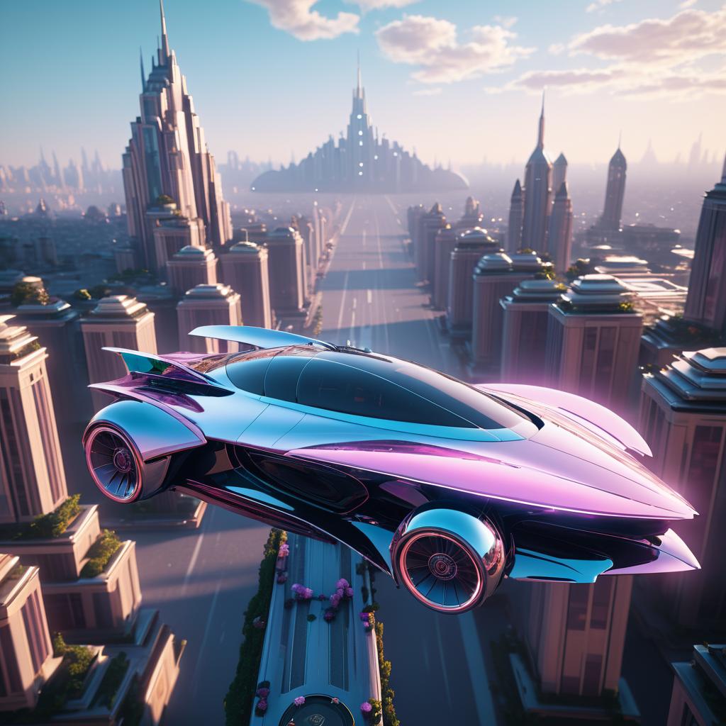 Futuristic Cityscape with Flying Car