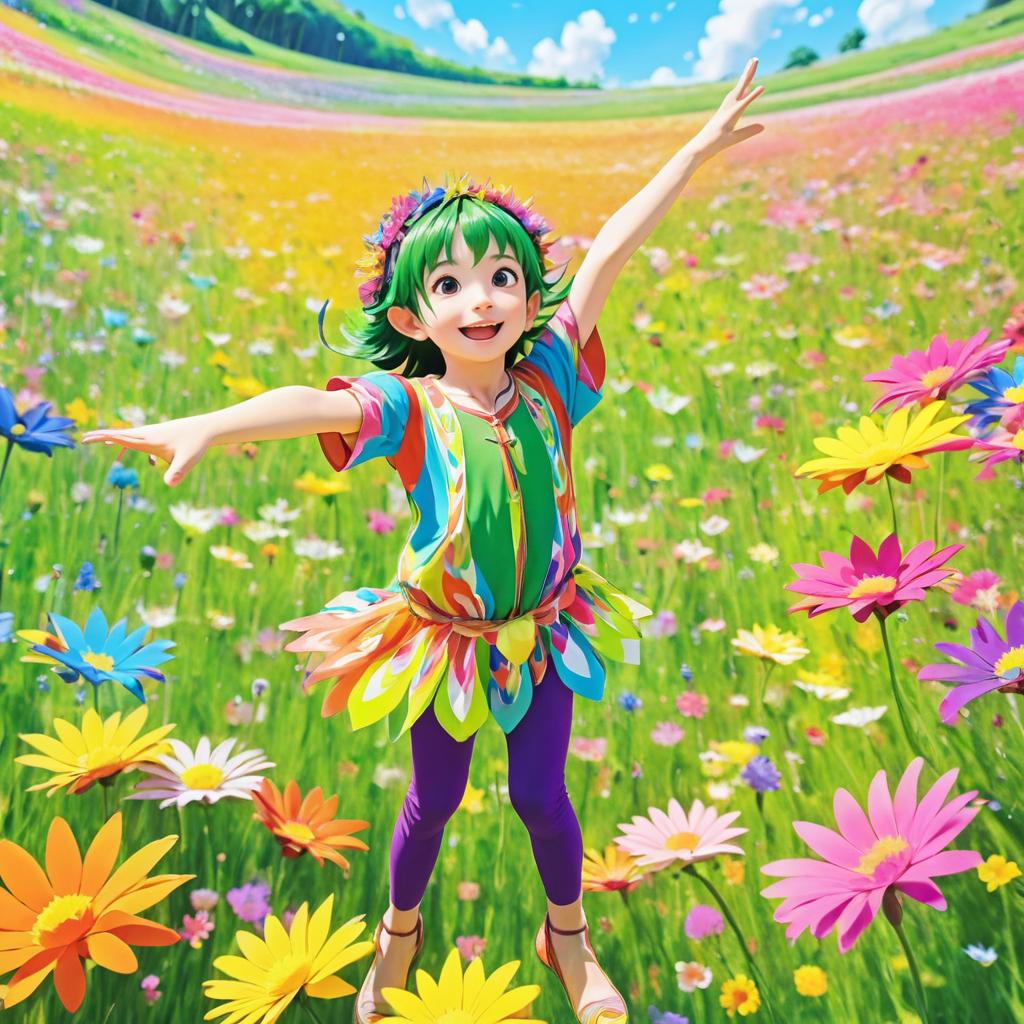 Joyful Elf in Colorful Meadow Scene