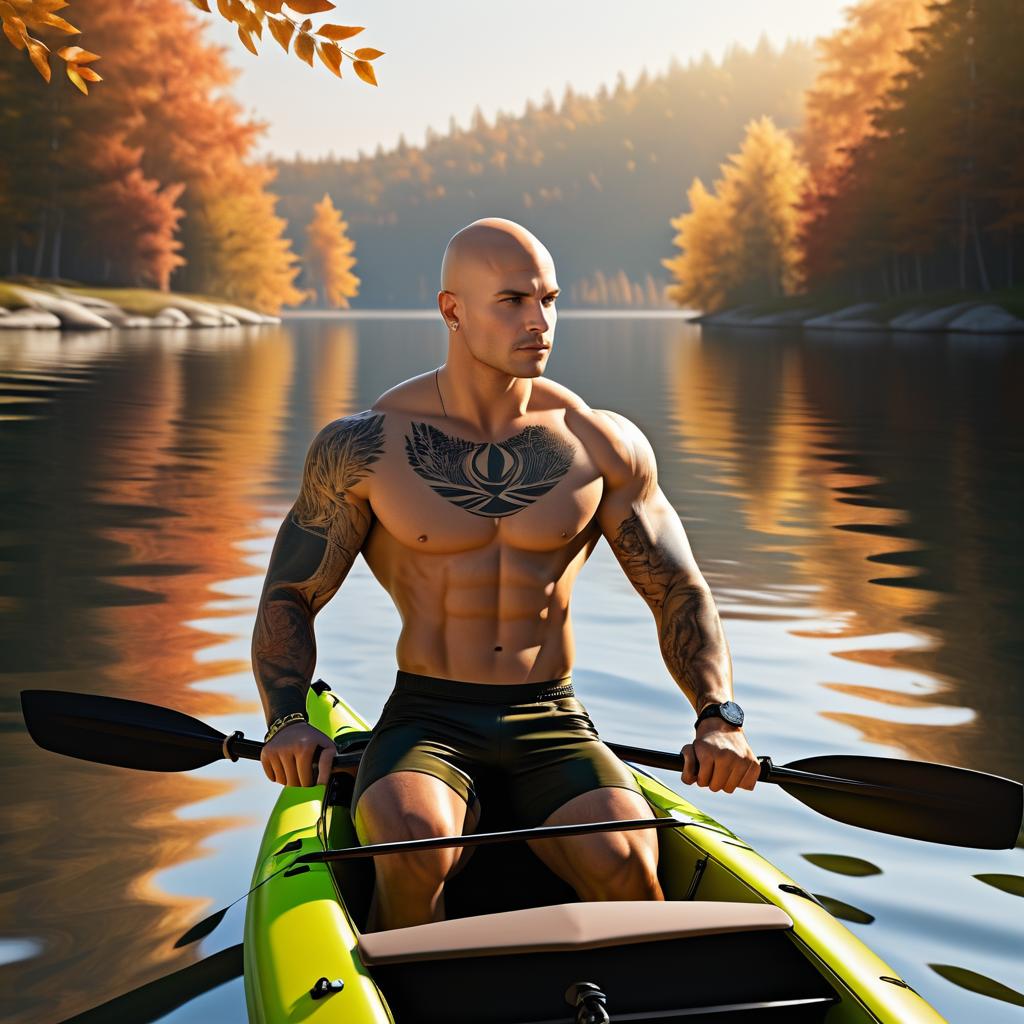 Muscular Bald Kayaker in Autumn Serenity