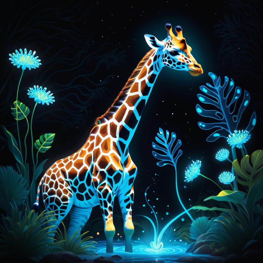 Bioluminescent Giraffe-Tiger Fusion Artwork