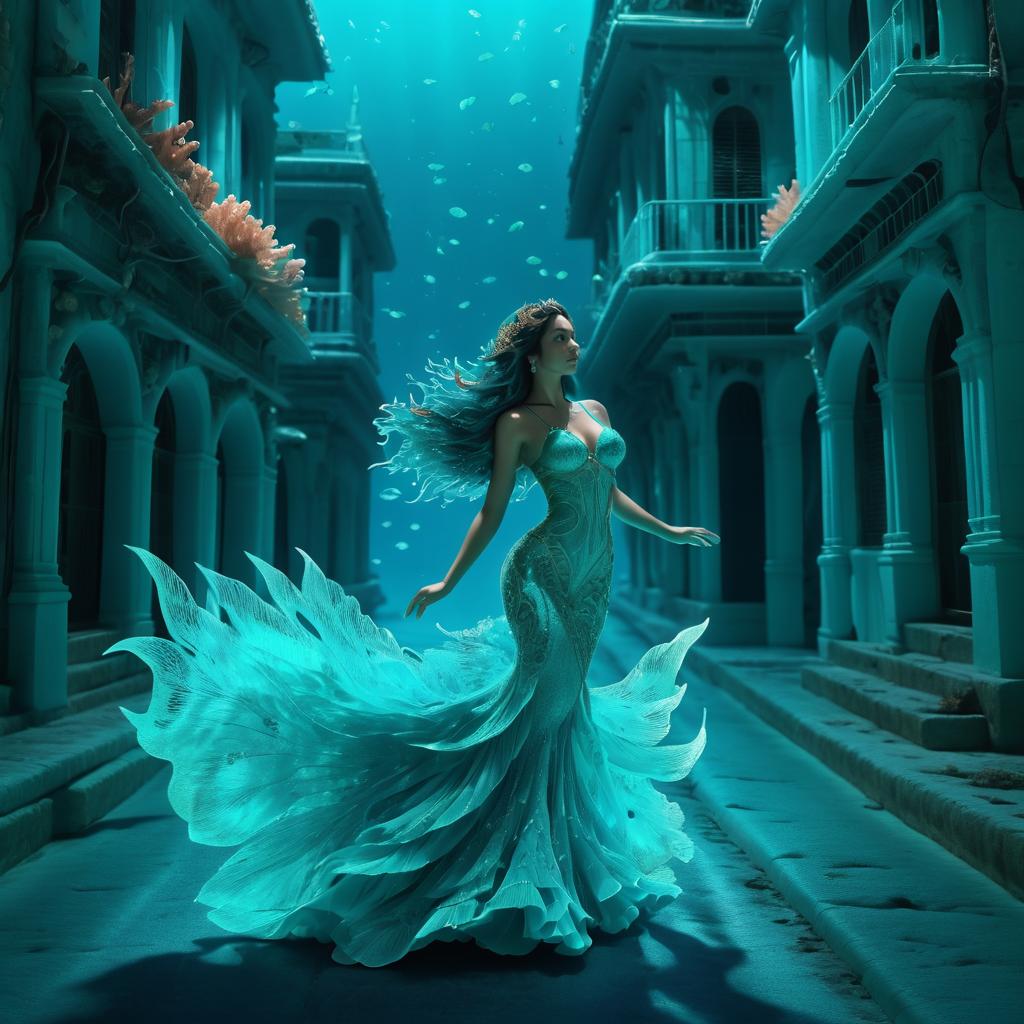 Surreal Mermaid Running Underwater at Night