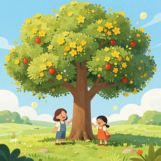 Digital illustration of two children, one in blue overalls and the other in an orange dress, picking apples from a lush, sunlit tree in a
