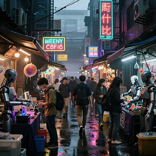 Photograph of a neon-lit, rainy night market with robot vendors, colorful signs, and pedestrians in a bustling urban alley.