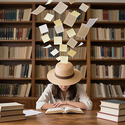 Photograph of a woman in a white blouse and large straw hat, surrounded by floating papers, studying in a library.