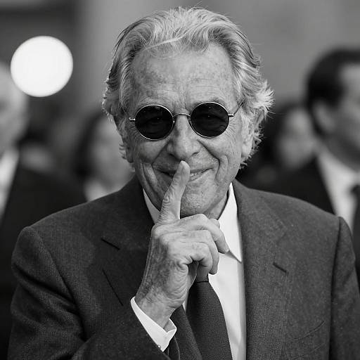 Elderly Man in Suit with Finger on Lips