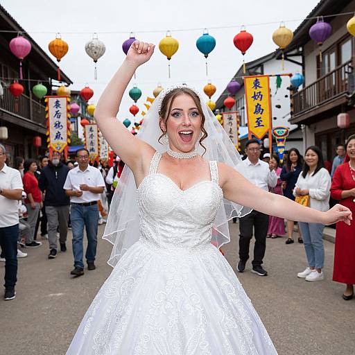 Photograph of a joyful, fair-skinned, brunette bride in white lace wedding dress and veil, raising arms in a lively street parade with colorful lantern