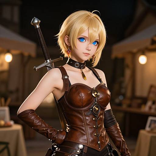 Digital art of a blonde woman with blue eyes, wearing a brown leather corset, gloves, and choker, with a sword on her back,