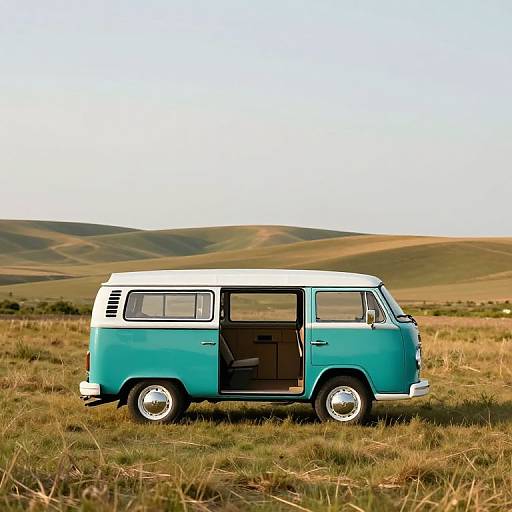 Teal VW Camper in Rolling Fields